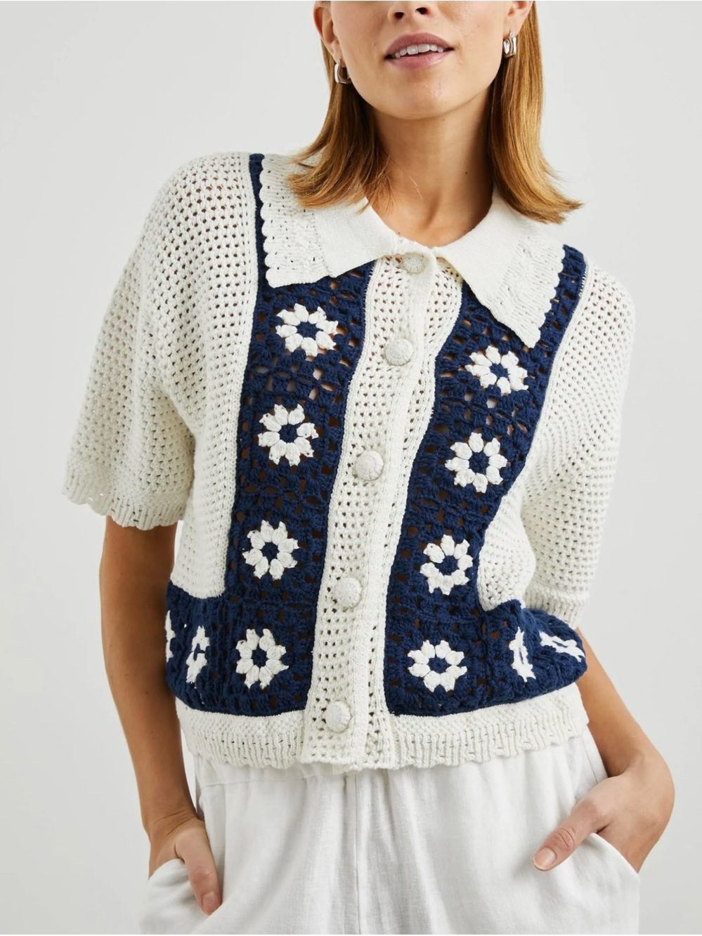 Rails Cream and Navy Crochet Collar Cardigan